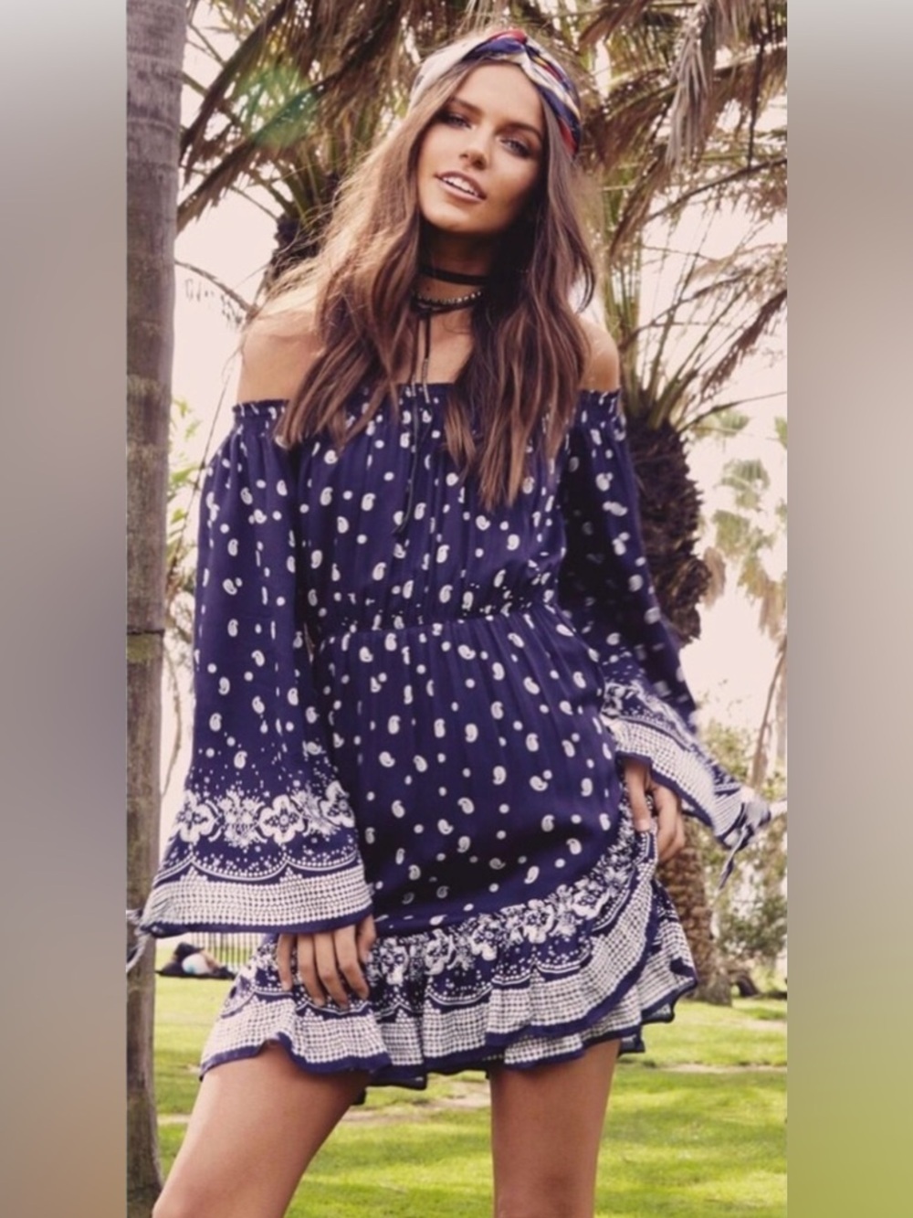 BARDOT OFF THE SHOULDER RUFFLE BANDANA PRINT BOHO NAVY MINI DRESS